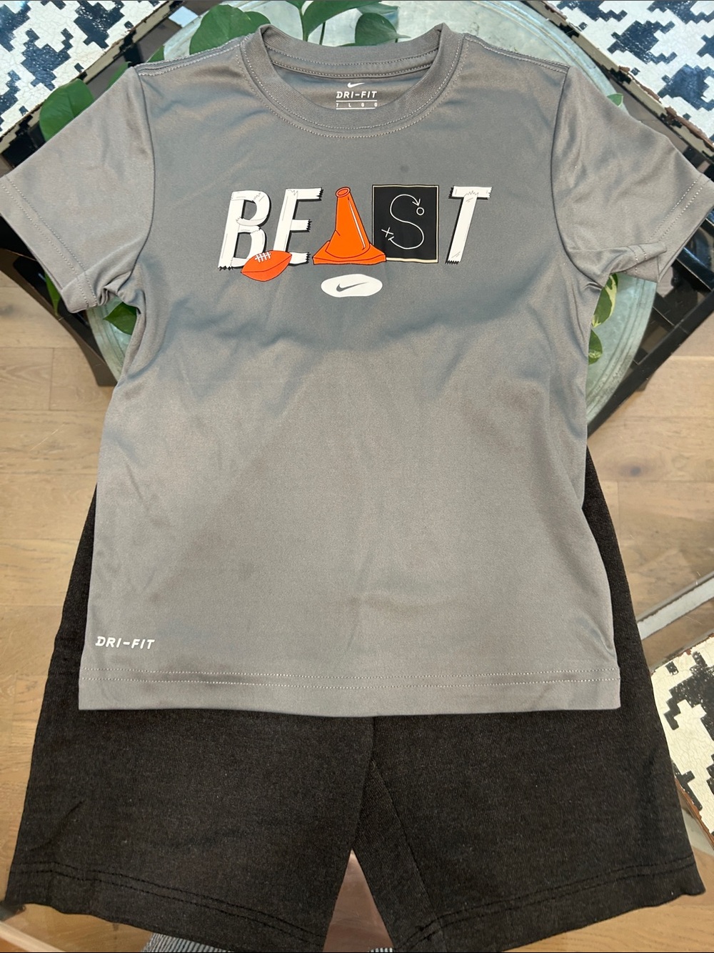 Nike Gray Dri-FIT 'BEAST' Graphic Tee with Orange Accents